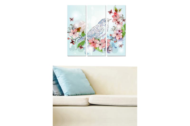 Trelerret 3-delt 50x70 cm - Fargerik komposisjon med fugl og blomster, Lys blå / Rosa / Grønn