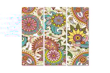 Trelerret 3-delt 50x70 cm - Fargerik mandala med blomster og spiraler - Rød / Grønn / Gul - Interiør - Maleri & posters - Lerretsbilder