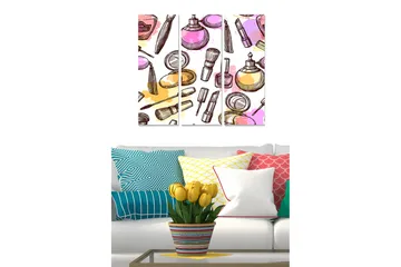 Trelerret 3-delt 50x70 cm - Fargerik samling av sminkeprodukter og verktøy - Rosa / Gul / Lilla - Interiør - Maleri & posters - Lerretsbilder