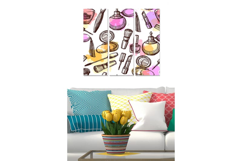 Trelerret 3-delt 50x70 cm - Fargerik samling av sminkeprodukter og verktøy, Rosa / Gul / Lilla