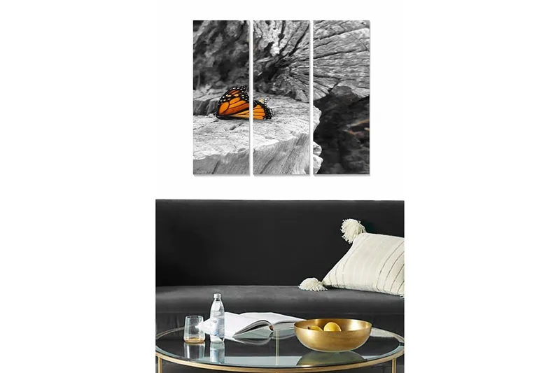 Trelerret 3-delt 50x70 cm - Fargerik sommerfugl på en grå treflate, Oransje / Svart