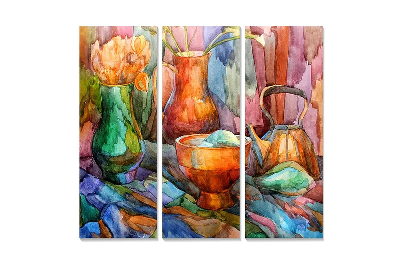 Trelerret 3-delt 50x70 cm - Fargerik stilleben med blomster og keramiske gjenstander, Grønn / Oransje / Blå