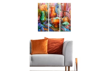 Trelerret 3-delt 50x70 cm - Fargerik stilleben med blomster og keramiske gjenstander - Grønn / Oransje / Blå - Interiør - Maleri & posters - Lerretsbilder
