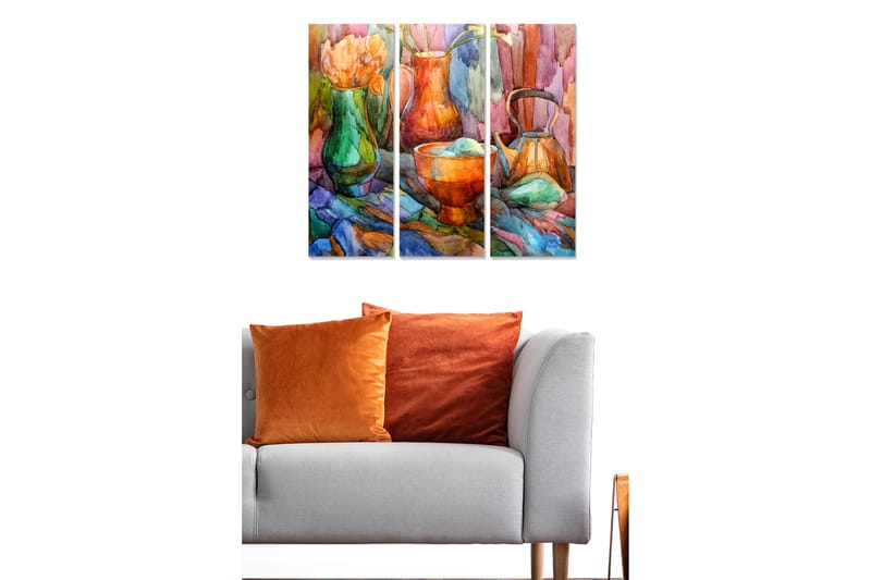 Trelerret 3-delt 50x70 cm - Fargerik stilleben med blomster og keramiske gjenstander - Grønn / Oransje / Blå - Interiør - Maleri & posters - Lerretsbilder