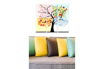 Trelerret 3-delt 50x70 cm - Fargerik trekunst med blomster og blader i forskjellige årstider - Rosa / Gul / Blå - Interiør - Maleri & posters - Lerretsbilder