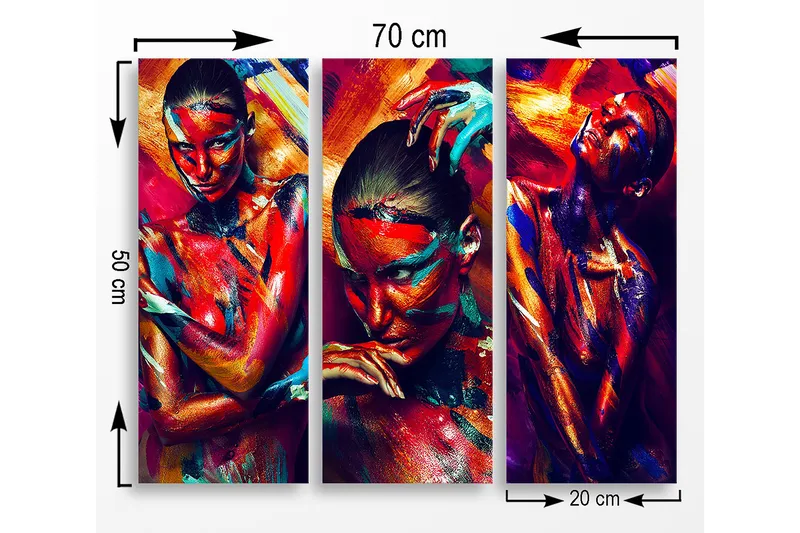 Trelerret 3-delt 50x70 cm - Fargerik portrettserie av mennesker med uttrykksfulle ansiktsmalerier - Rød / Blå / Oransje - Interiør - Maleri & posters - Lerretsbilder