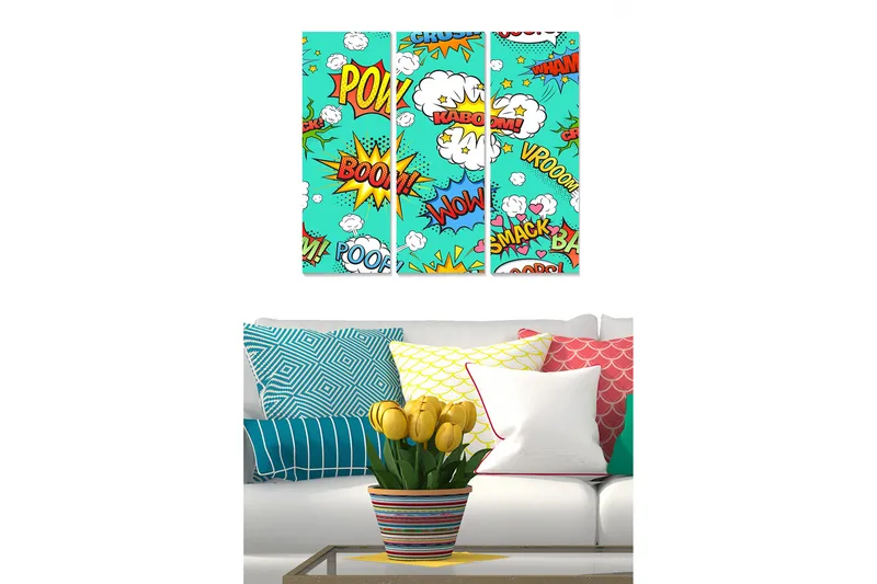 Trelerret 3-delt 50x70 cm - Fargerik popkunst med lydord og eksplosjoner, Turkis / Rød / Gul