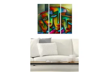 Trelerret 3-delt 50x70 cm - Fargerike ansikter med geometriske former - Rød / Grønn / Blå - Interiør - Maleri & posters - Lerretsbilder