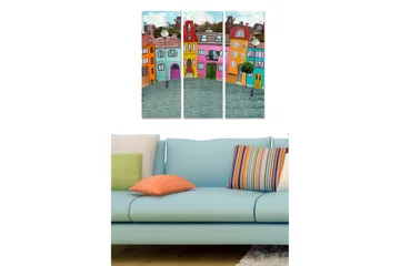 Trelerret 3-delt 50x70 cm - Fargerike hus i et urbant miljø - Blå / Oransje / Rosa - Interiør - Maleri & posters - Lerretsbilder