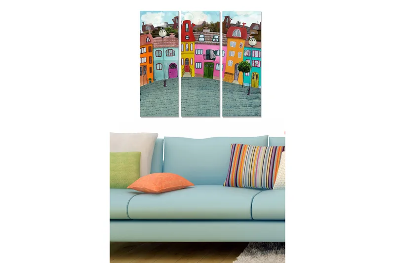 Trelerret 3-delt 50x70 cm - Fargerike hus i et urbant miljø, Blå / Oransje / Rosa