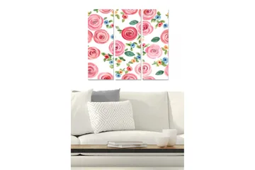 Trelerret 3-delt 50x70 cm - Fargerike roser i akvarellstil - Rosa / Grønn / Blå - Interiør - Maleri & posters - Lerretsbilder