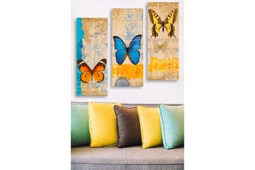 Trelerret 3-delt 50x70 cm - Fargerike sommerfugler i en kunstnerisk komposisjon - Blå / Oransje / Gul - Interiør - Maleri & posters - Lerretsbilder