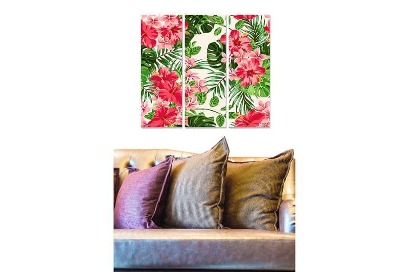 Trelerret 3-delt 50x70 cm - Fargerike tropiske blomster og blader komposisjon, Rosa / Grønn / Beige
