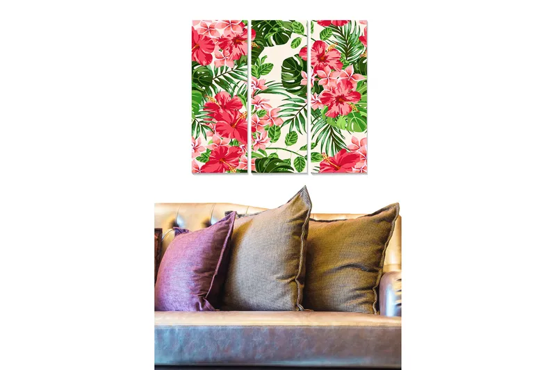 Trelerret 3-delt 50x70 cm - Fargerike tropiske blomster og blader komposisjon, Rosa / Grønn / Beige
