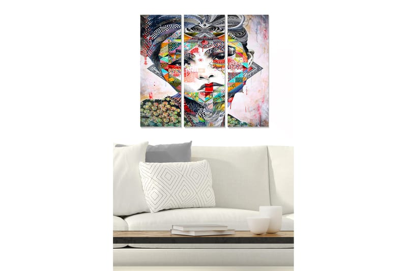 Trelerret 3-delt 50x70 cm - Fargerikt og geometrisk portrett av en kvinne, Rød / Grønn / Blå