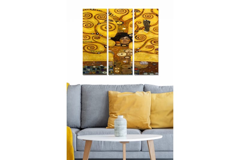 Trelerret 3-delt 50x70 cm - Gyllen abstrakt komposisjon med spiraler og en kvinne i fokus, Gull / Svart / Brun