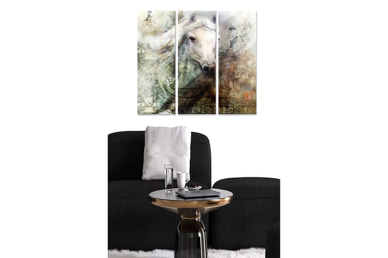 Trelerret 3-delt 50x70 cm - Hesteportrett med elementer av pengesedler og abstrakte mønstre, Hvit / Beige / Grønn