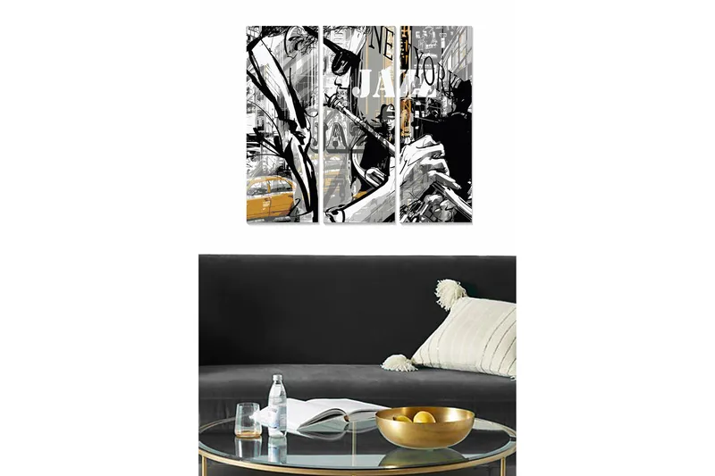 Trelerret 3-delt 50x70 cm - Jazzmusiker i et urbant miljø, Svart / Grå / Gul