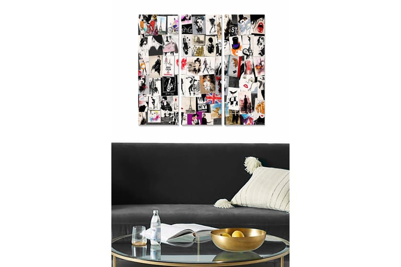 Trelerret 3-delt 50x70 cm - Kollasje av moteikoner og urbane motiver, Svart / Hvit / Rød