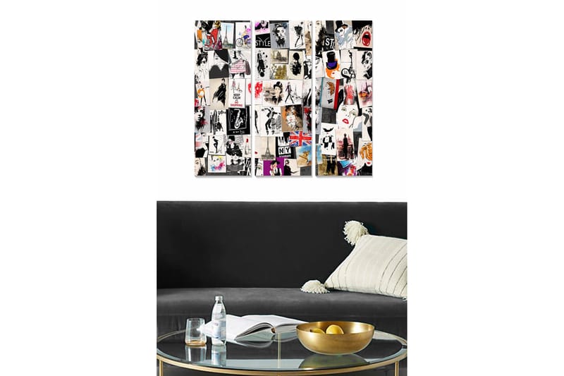 Trelerret 3-delt 50x70 cm - Kollasje av moteikoner og urbane motiver, Svart / Hvit / Rød