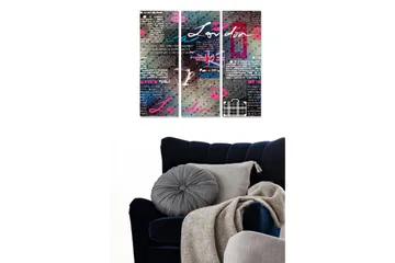 Trelerret 3-delt 50x70 cm - Moderne kunst med London-tema og grafiske elementer - Blå / Rosa / Grå - Interiør - Maleri & posters - Lerretsbilder