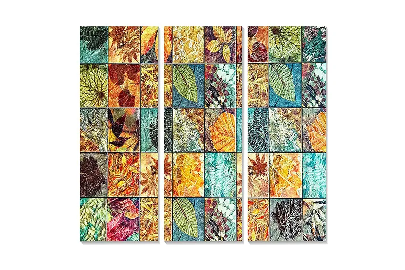 Trelerret 3-delt 50x70 cm - Mosaikk av fargerike blader og plantedetaljer, Grønn / Oransje / Blå