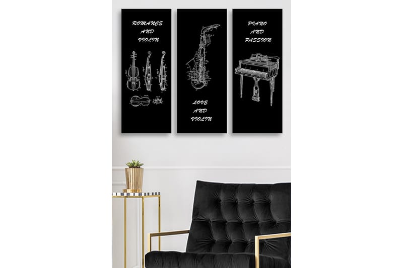 Trelerret 3-delt 50x70 cm - Musikkinstrumenter i skisseaktig stil, Svart / Hvit