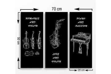 Trelerret 3-delt 50x70 cm - Musikkinstrumenter i skisseaktig stil - Svart / Hvit - Interiør - Maleri & posters - Lerretsbilder