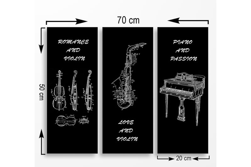 Trelerret 3-delt 50x70 cm - Musikkinstrumenter i skisseaktig stil - Svart / Hvit - Interiør - Maleri & posters - Lerretsbilder