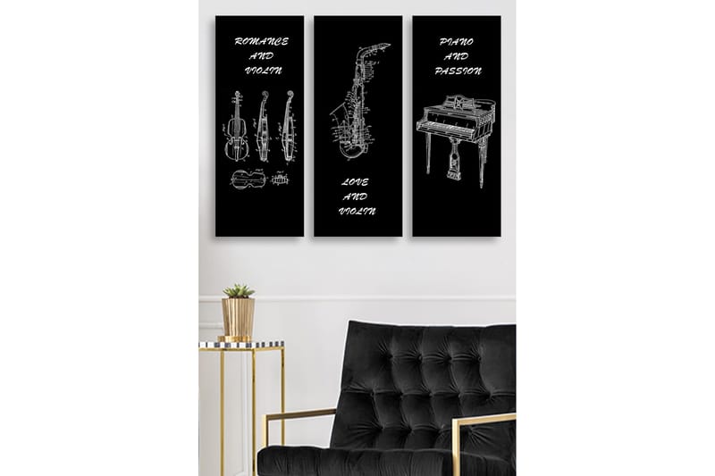 Trelerret 3-delt 50x70 cm - Musikkinstrumenter i skisseaktig stil, Svart / Hvit