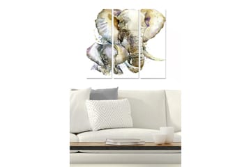 Trelerret 3-delt 50x70 cm - Mykt malt elefantportrett med kalv - Grå / Beige / Lys blå - Interiør - Maleri & posters - Lerretsbilder