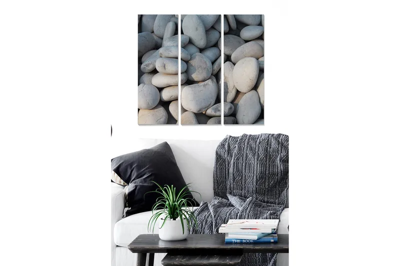 Trelerret 3-delt 50x70 cm - Nærbilde av strandsteiner, Grå / Lys grå