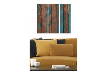 Trelerret 3-delt 50x70 cm - Rustikk trepanel med blå detaljer - Rustbrun / Turkis - Interiør - Maleri & posters - Lerretsbilder