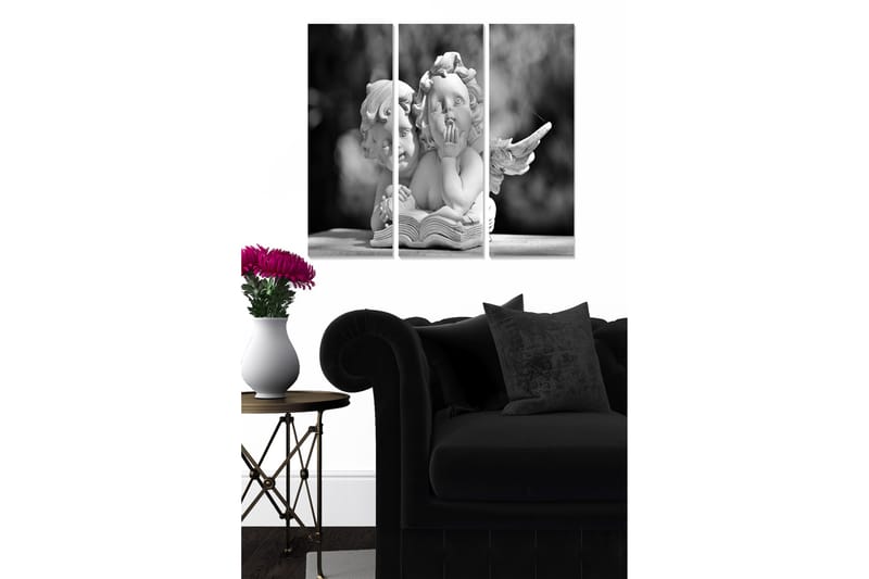 Trelerret 3-delt 50x70 cm - Skulptur av to engler som sitter sammen og blar i en bok, Hvit / Svart / Grå