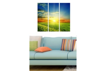 Trelerret 3-delt 50x70 cm - Solnedgang over en grønn eng - Grønn / Blå / Oransje - Interiør - Maleri & posters - Lerretsbilder
