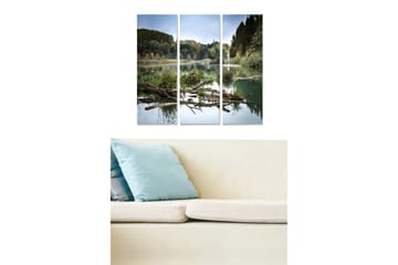 Trelerret 3-delt 50x70 cm - Speillignende innsjølandskap med trær og grøntområder - Grønn / Blå / Brun - Interiør - Maleri & posters - Lerretsbilder