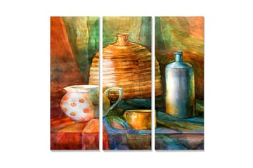 Trelerret 3-delt 50x70 cm - Stilleben med keramikk og glassgjenstander - Oransje / Grønn / Blå - Interiør - Maleri & posters - Lerretsbilder