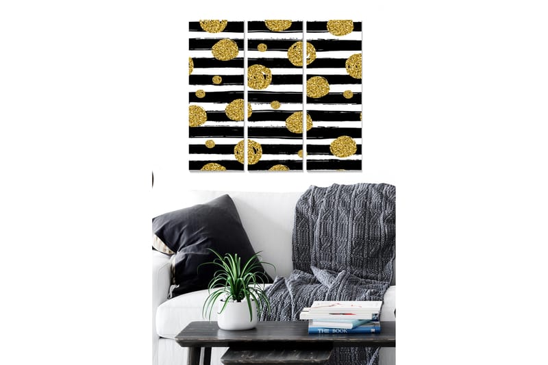 Trelerret 3-delt 50x70 cm - Svart-hvitt abstrakt komposisjon med gylne sirkler, Gull / Svart / Hvit
