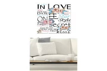 Trelerret 3-delt 50x70 cm - Tekstbasert komposisjon med blomster og romantiske elementer - Rosa / Blå / Svart - Interiør - Maleri & posters - Lerretsbilder