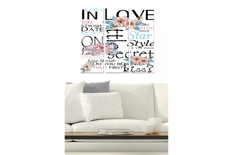 Trelerret 3-delt 50x70 cm - Tekstbasert komposisjon med blomster og romantiske elementer, Rosa / Blå / Svart