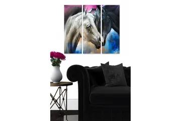 Trelerret 3-delt 50x70 cm - To hesteansikter i en dynamisk komposisjon - Svart / Hvit / Blå - Interiør - Maleri & posters - Lerretsbilder