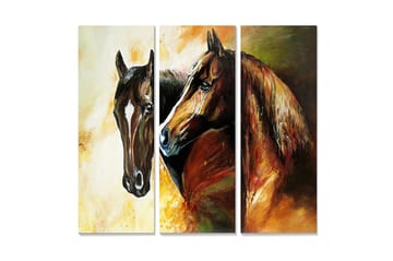 Trelerret 3-delt 50x70 cm - To hester i en intim og uttrykksfull komposisjon - Mørk brun / Oransje / Gul - Interiør - Maleri & posters - Lerretsbilder