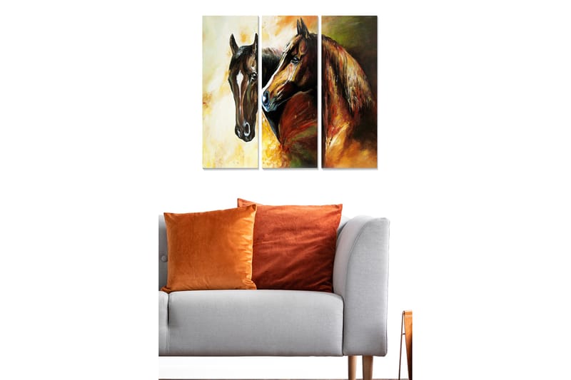 Trelerret 3-delt 50x70 cm - To hester i en intim og uttrykksfull komposisjon - Mørk brun / Oransje / Gul - Interiør - Maleri & posters - Lerretsbilder