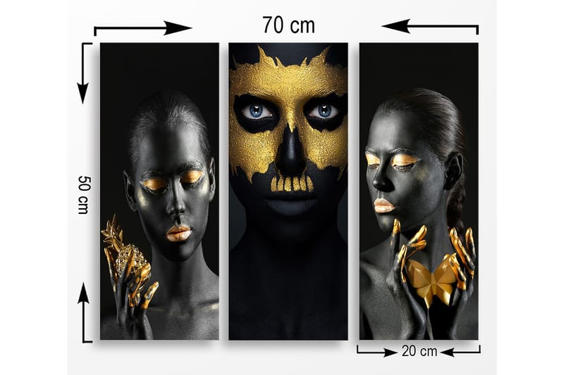 Trelerret 3-delt 50x70 cm - Tredelt portrettkomposisjon med ansikter i svart og gull - Svart / Gull - Interiør - Maleri & posters - Lerretsbilder