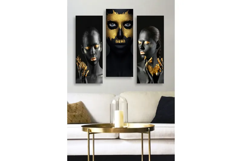 Trelerret 3-delt 50x70 cm - Tredelt portrettkomposisjon med ansikter i svart og gull, Svart / Gull