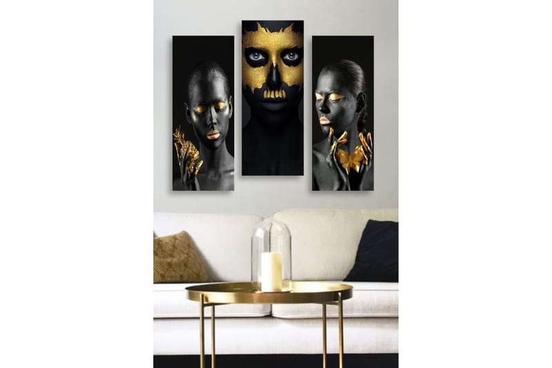 Trelerret 3-delt 50x70 cm - Tredelt portrettkomposisjon med ansikter i svart og gull, Svart / Gull