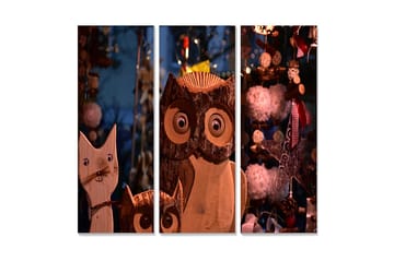 Trelerret 3-delt 50x70 cm - Treskulpturer av en katt og en ugle med store øyne - Brun / Beige / Hvit - Interiør - Maleri & posters - Lerretsbilder