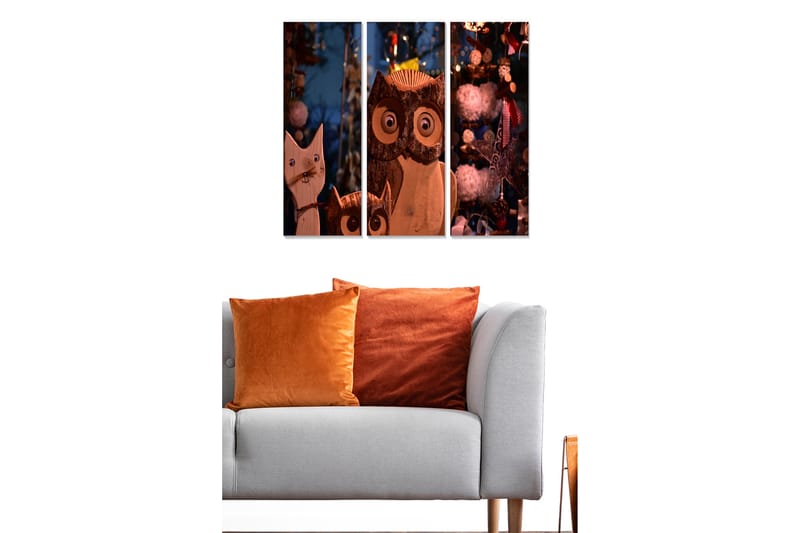 Trelerret 3-delt 50x70 cm - Treskulpturer av en katt og en ugle med store øyne - Brun / Beige / Hvit - Interiør - Maleri & posters - Lerretsbilder