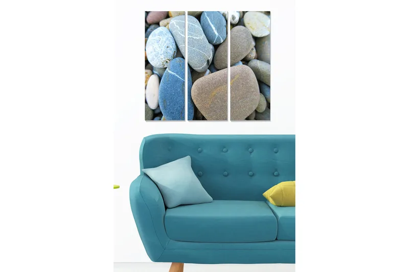 Trelerret 3-delt 50x70 cm - Ulike glatte steiner i forskjellige farger og former, Blå / Grå / Beige
