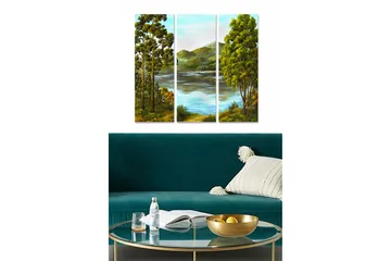 Trelerret 3-delt 50x70 cm - Vakkert landskapsmaleri med trær og speilblanke innsjøer - Grønn / Blå / Brun - Interiør - Maleri & posters - Lerretsbilder